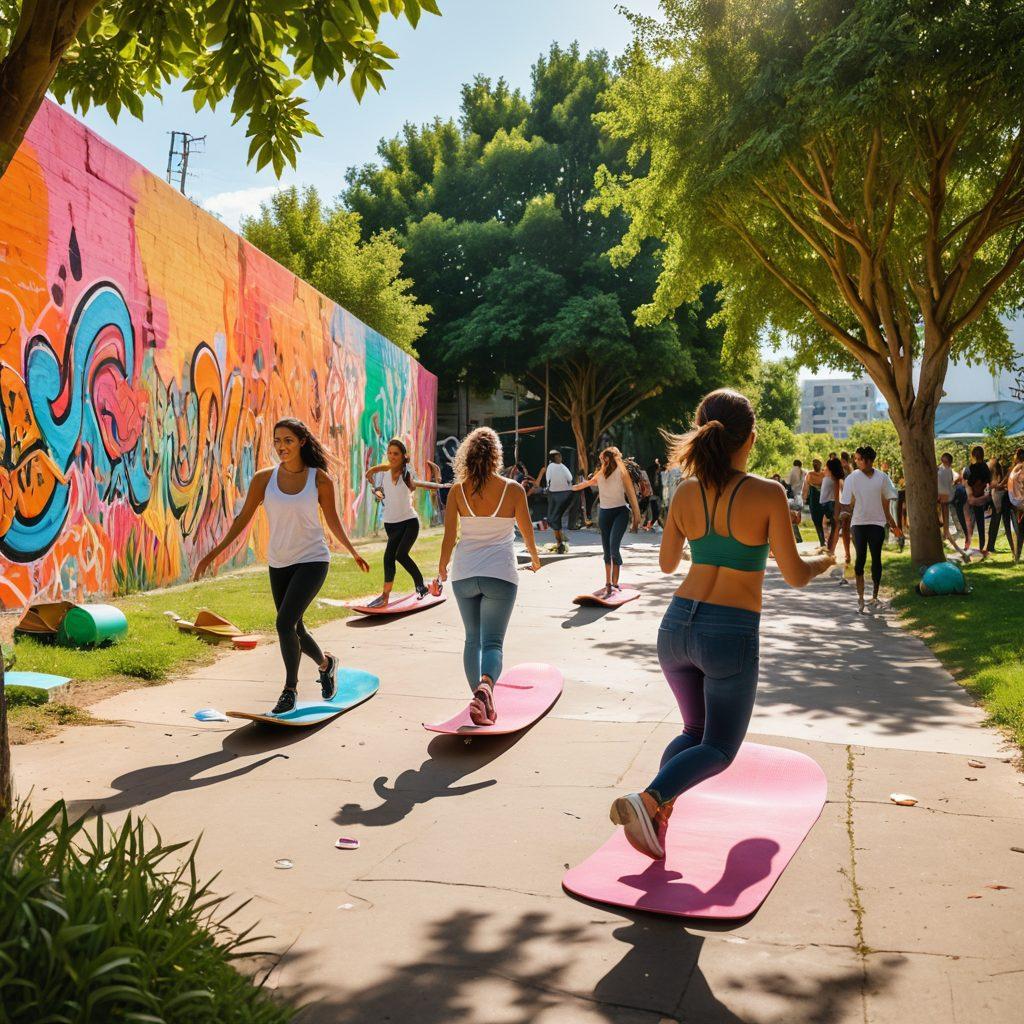 A group of diverse, energetic young people exploring a vibrant city, engaging in various activities like skateboarding, painting graffiti, and practicing yoga in a sunlit park. The scene bursts with colorful graffiti on walls, lively street art, and lush green trees, reflecting a dynamic, youthful spirit. Incorporate elements of fashion, technology, and friendship, showcasing a blend of cultures and lifestyles. bright colors. urban style. dynamic composition.