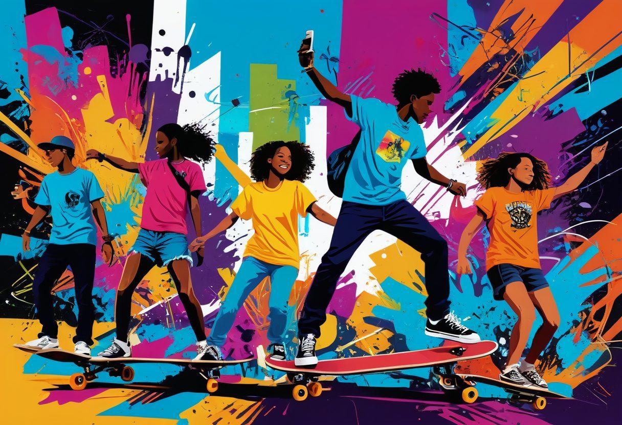 A colorful collage illustrating diverse teenage activities, such as skateboarding, dancing, using smartphones, and exploring fashion trends. Incorporate vibrant graffiti art in the background with abstract shapes and bright colors. Highlight friendship and connectivity among teens, showing their engaging lifestyles and expressions of individuality. Include elements like music notes, trendy accessories, and a feel of youthful energy. vector art. vibrant colors. dynamic composition.