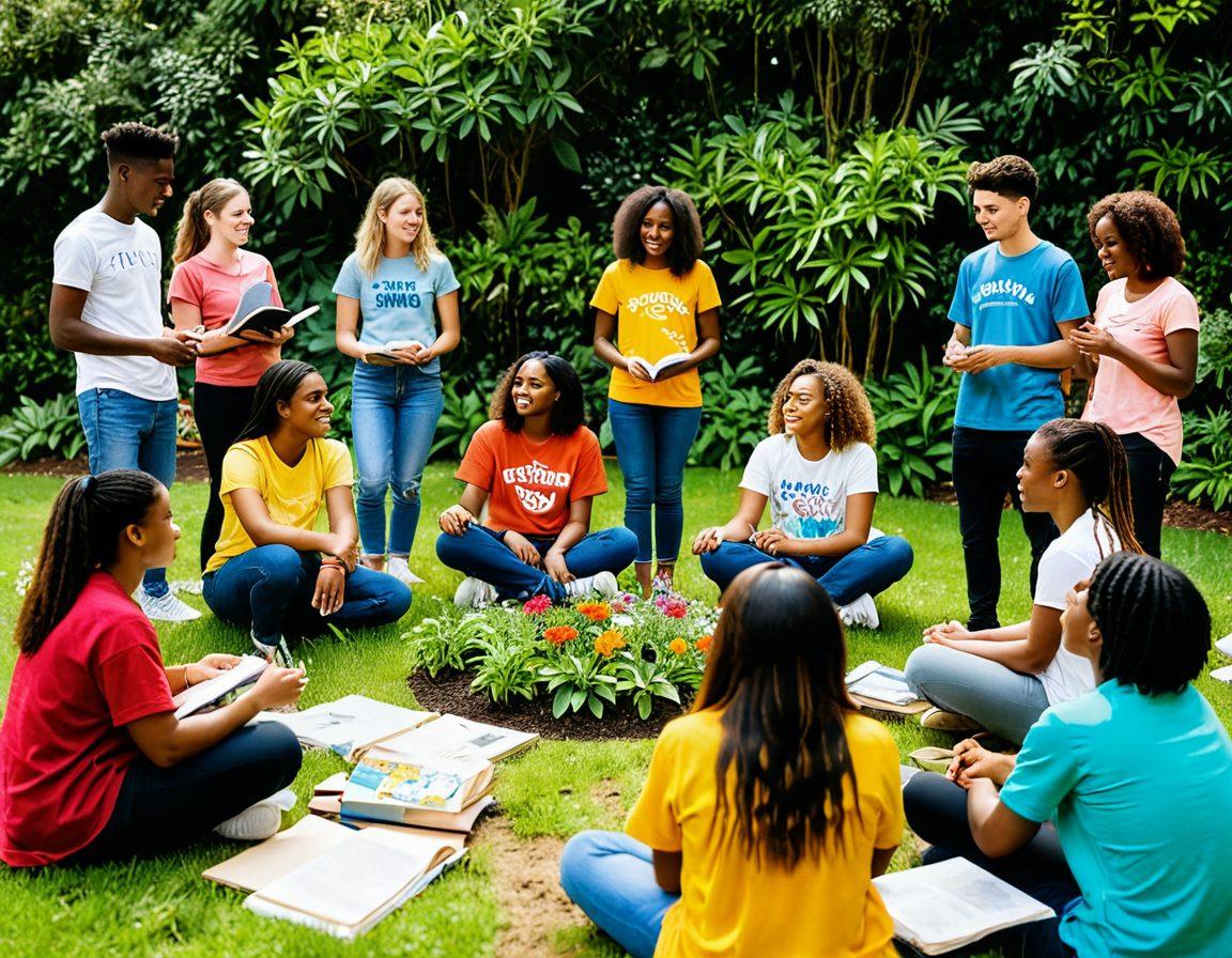 A vibrant scene featuring diverse young individuals engaging in various community activities, such as volunteering, sharing ideas in a discussion circle, and enjoying a sunny outdoor gathering. Their expressions convey empowerment and connection, surrounded by nature, with elements symbolizing personal growth like books, plants, and art supplies. The atmosphere is filled with warmth and positivity. bright colors. illustrative style. dynamic composition.